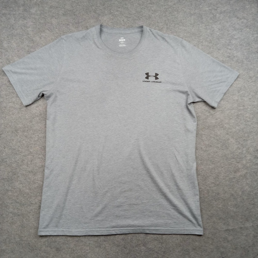 Under Armour Shirt Mens Medium Gray Loose Fit Short Sleeve Athletic Logo Top